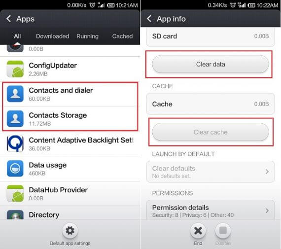 Clear Contacts and Contacts Storage Cache and Data