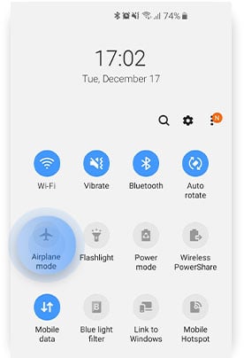 Turn flight mode on and off To fix Wi-Fi Stuck On Obtaining IP Address On Android