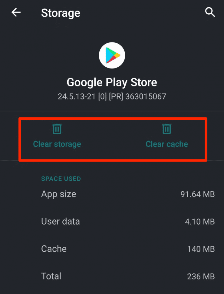 Clear Cache and Clear Storage of Google Play Store