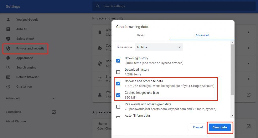 Delete cookies and cached files