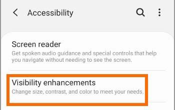 Visibility enhancements settings on Samsung