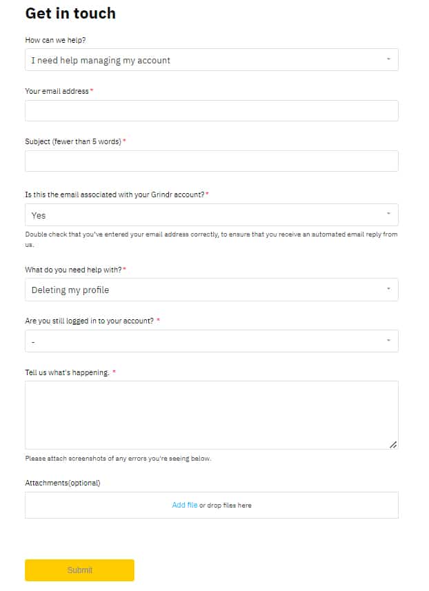 Request For Deleting Grindr Account via Support Ticket