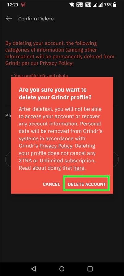 Tap Delete Account to delete Grindr account on Android