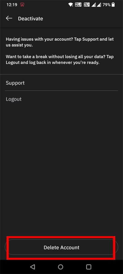 Tap on Delete Account on Grindr app