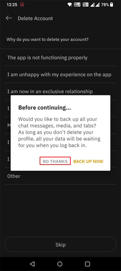Tap on No Thanks on Grindr app