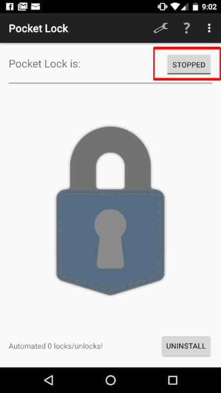 Tap on Stopped To Activate Pocket Lock App