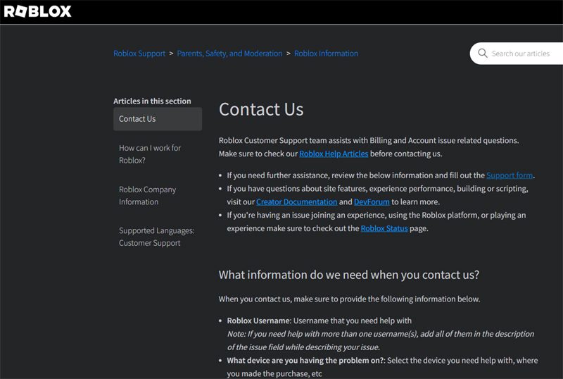 Contact Roblox Support