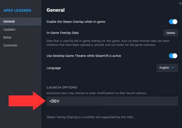 Add -dev code In Apex Legend Launch Options on Steam