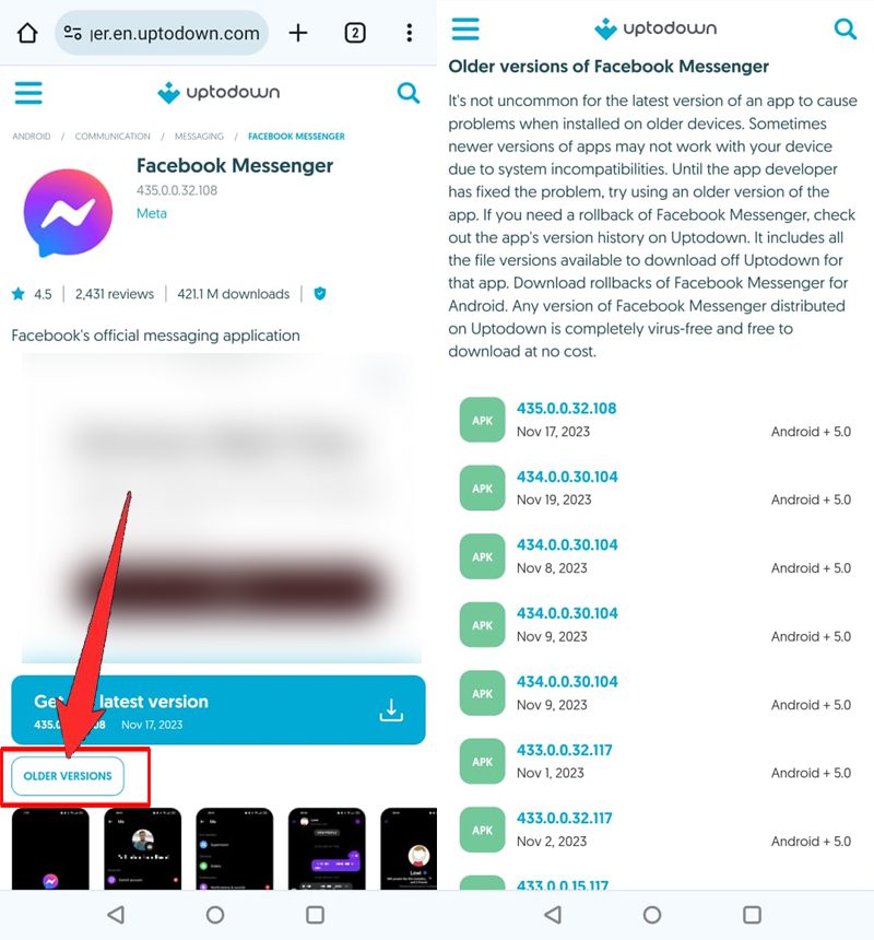 Download Older version of Facebook Messenger App