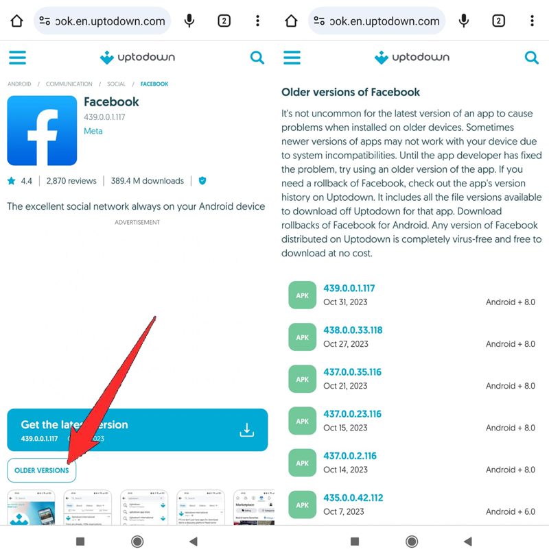 Download an older version of Facebook