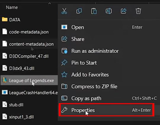 Right Click on League of Legends Executable Files and Select Properties