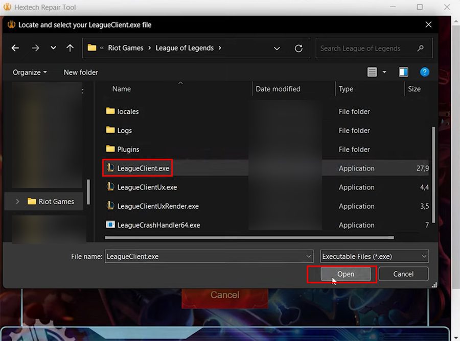 Select LeagueClient Executable File