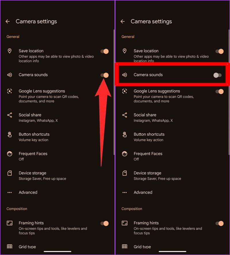 Toggle off Camera sounds