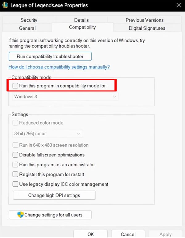 Uncheck Run this program in compatibility mode League of Legends