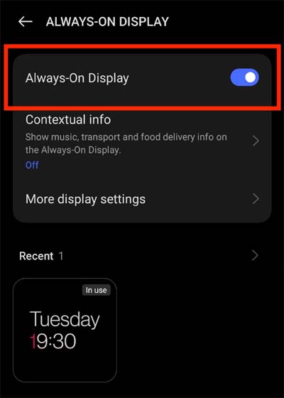 Toggle on Always on Display