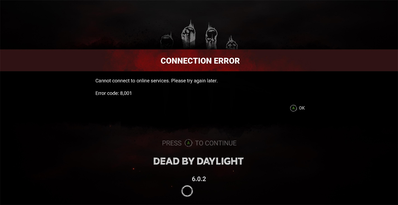 Dead By Daylight Error Code 8001 on Xbox